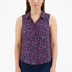 Love Notes Women’s Navy Pink Floral Sleeveless Button-Down Blouse Size Large EUC